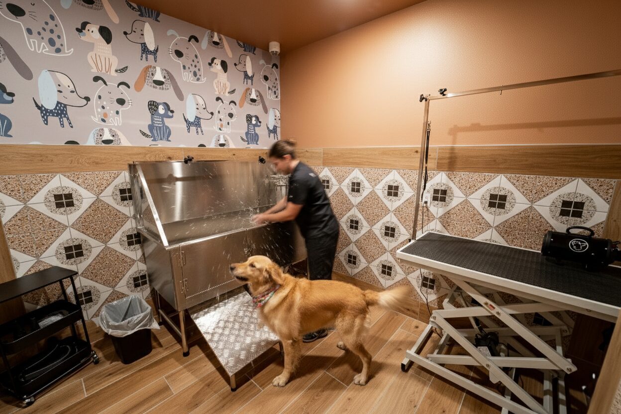 Dog and owner standing next to pesh wash at BLOC apartment