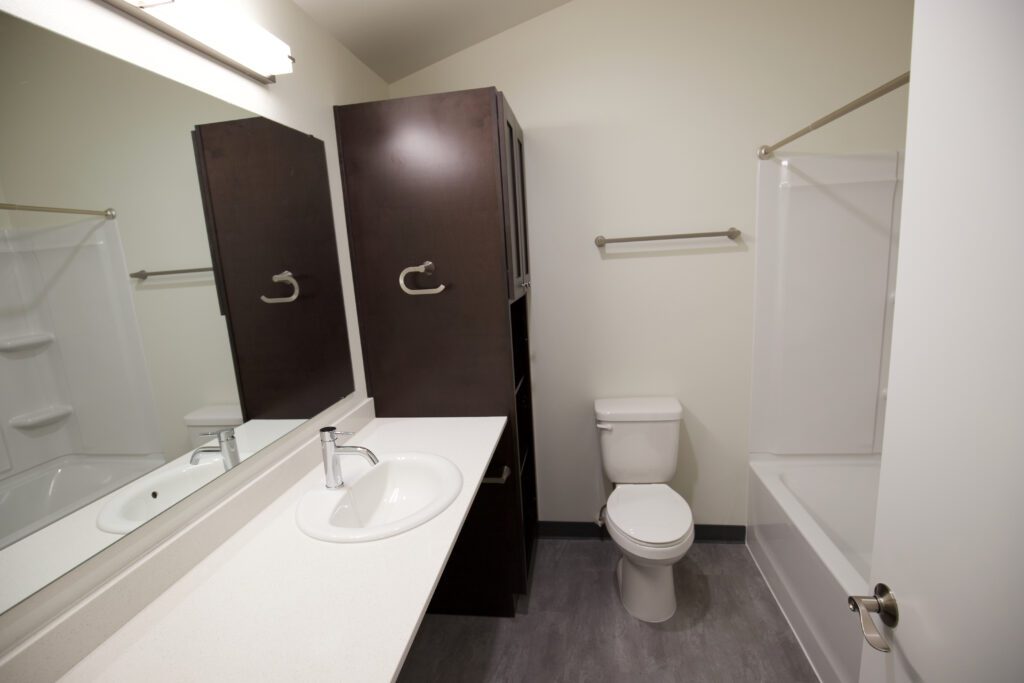 Updated bathroom in the studio apartment at Dakota Park