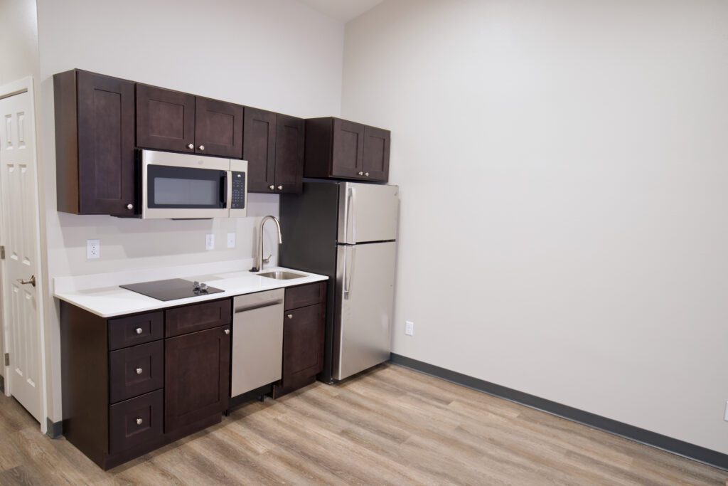 Updated kitchen area in the studio apartment at Dakota Park