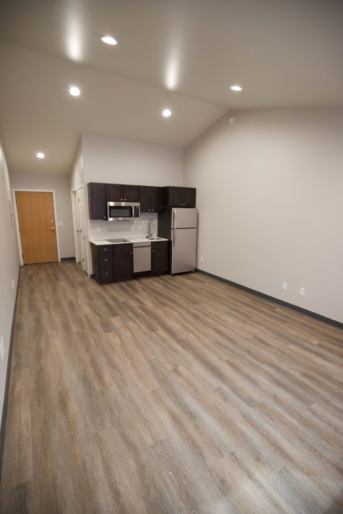 Updated flooring and kitchen area in the studio apartment at Dakota Park