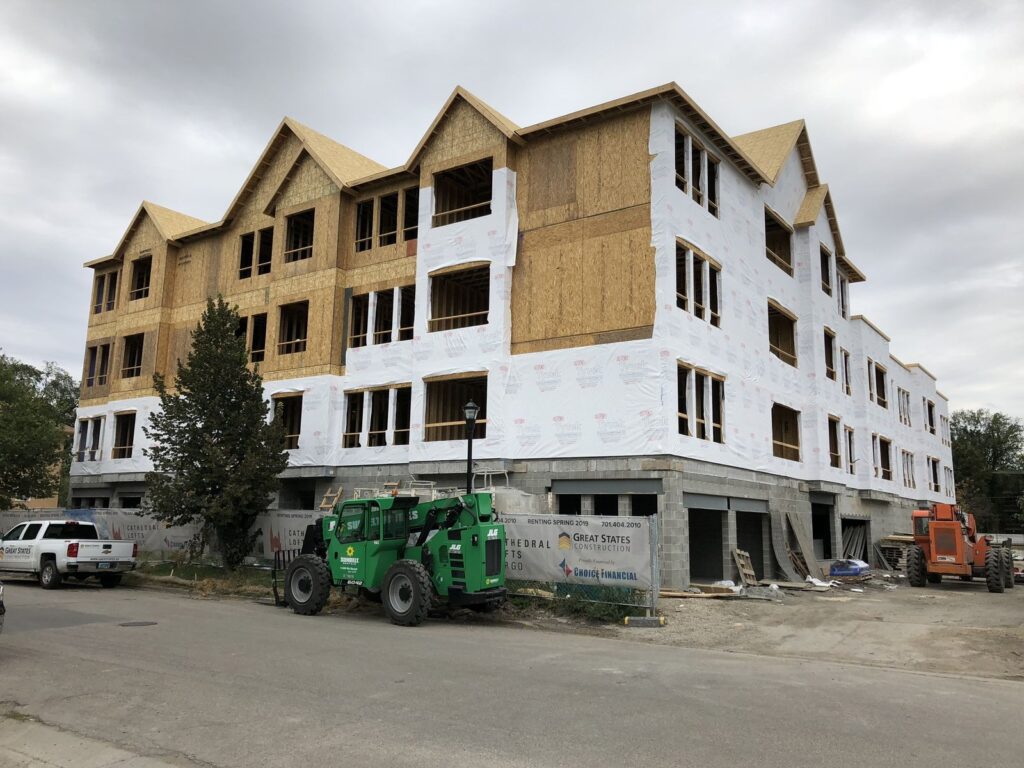 Cathedral Lofts apartments framed and sheathed during construction in Fargo