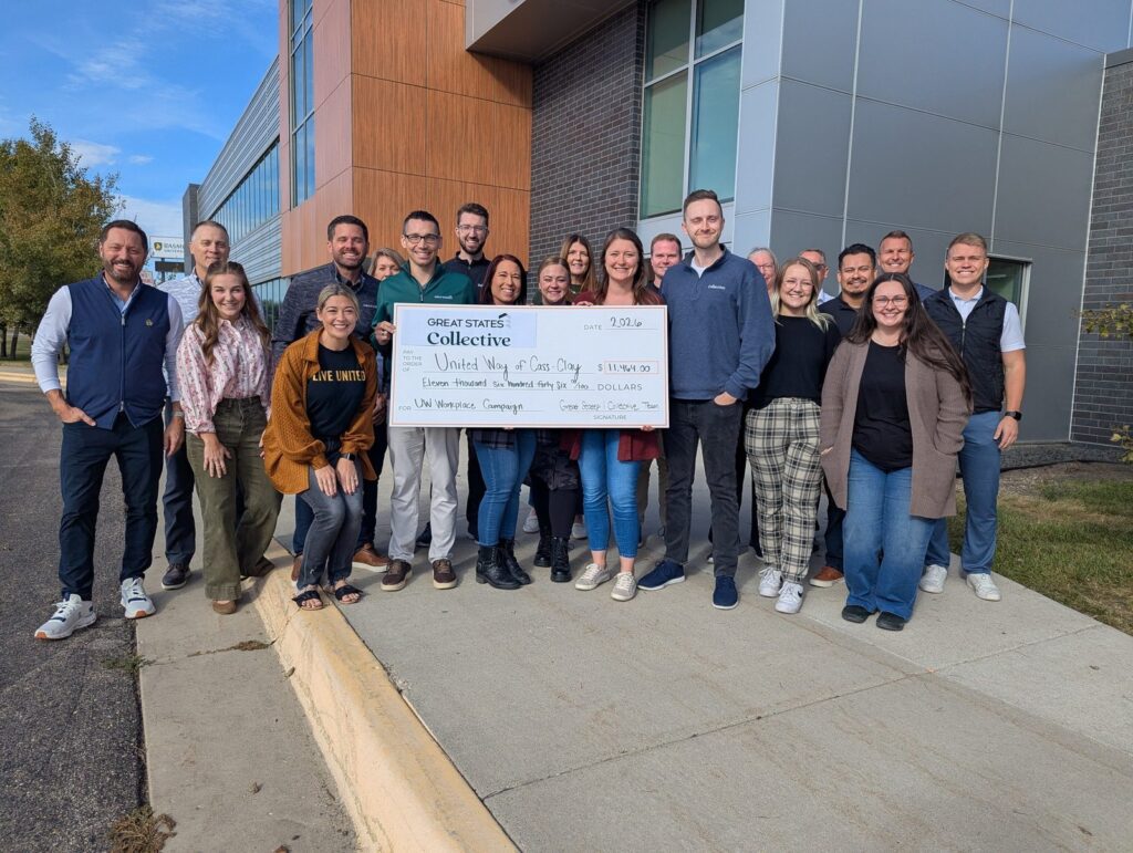 The Great States and Collective team with a check for the United Way of Cass-Clay workplace campaign