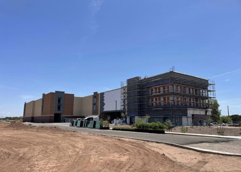 Public Storage building under construction with scaffolding in Gilbert, Arizona